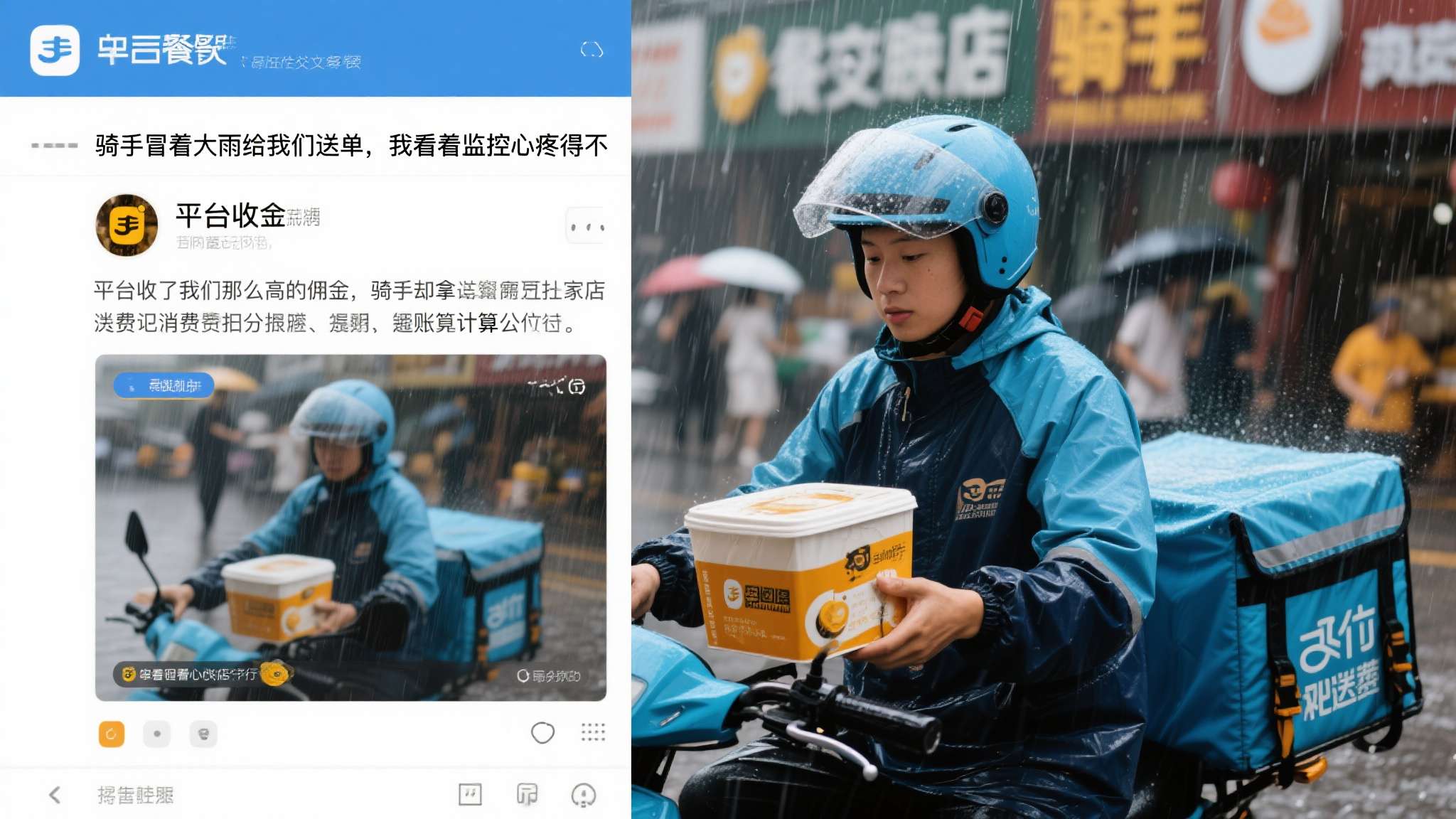 暴雨天骑手辛苦送餐 配送费被大幅抽成 店家都看不下去 某餐饮品牌店主曾在社交平台发文表示:"骑手冒着大雨给我们送单,我看着监控心疼得不